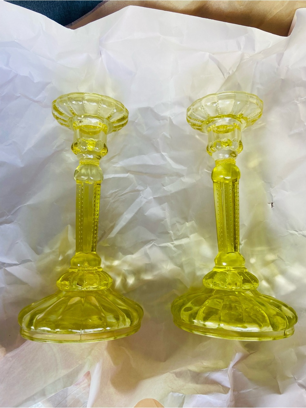 VTG Vaseline Glass Candle Holders - Set of 2